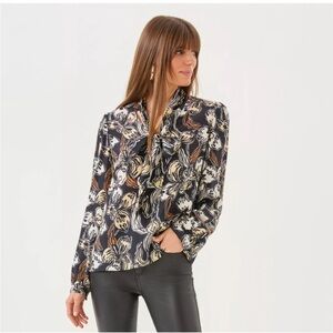 New Lilly Pulitzer Eleanor V-Neck Silk Top Long Sleeve Blouse Women's M Onyx